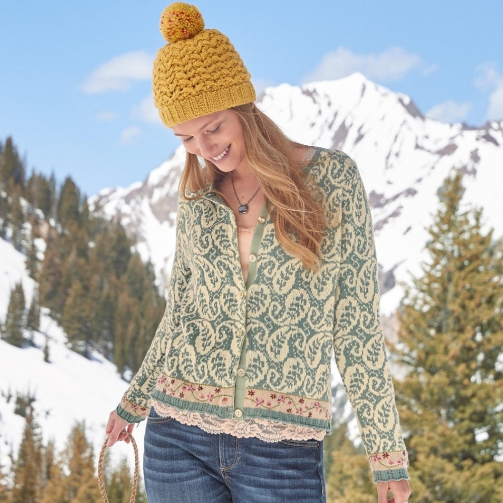 Sundance Green and Cream Curry Leaf Cardigan M